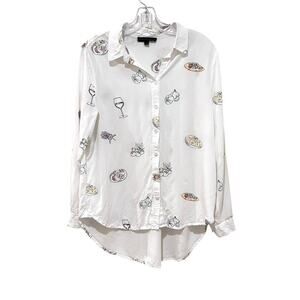 JANE + DELANCEY Shirt Womens Large White Wine Food Print Button Front Top